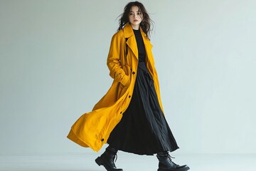 Naklejka premium Stylish young woman in a vibrant yellow trench coat exuding confidence, ideal for fashion ads, modern lifestyle blogs, or seasonal promotions such as spring fashion.