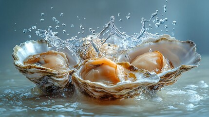 many oysters with wavy splashes of water is photographed as a water splash blows over the oyster, in the style of light beige and sky-blue,