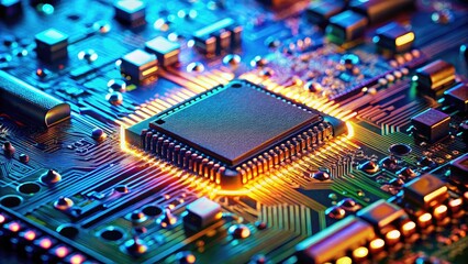 Fototapeta premium Low Light PCB Circuit Chip Photography - Detailed Electronic Component Macro Shot