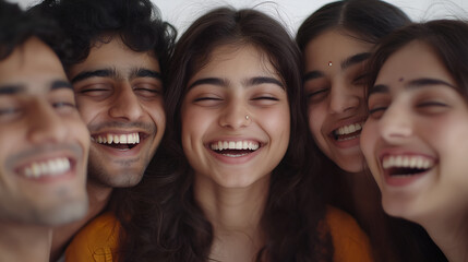 Obraz premium group of happy young Indian friends laughing together, portrait isolated on a white background,
