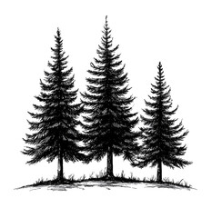 Black ink vector drawing of three pine trees on white