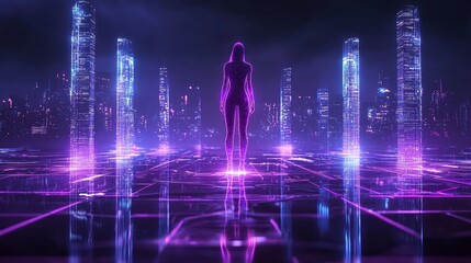 Interactive digital cityscape with neon-lit skyscrapers, populated by holographic avatars, futuristic and dynamic ambiance