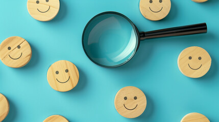 Fototapeta premium Smiley face wooden tokens with a magnifying glass on a blue background