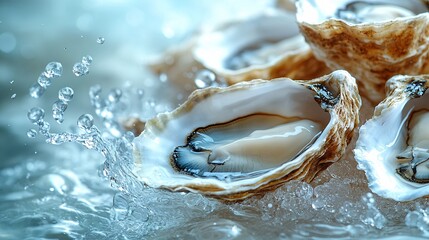 many oysters with wavy splashes of water is photographed as a water splash blows over the oyster, in the style of light beige and sky-blue,