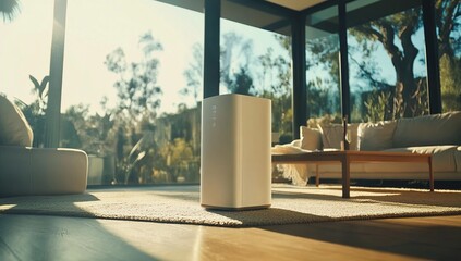 Fototapeta premium Modern Air Purifier in Sunlit Living Room with Lush Greenery Views