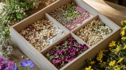 Bohemian breakfast box with smoothie bowls, chia pudding, and wildflowers, free-spirited style, soft boho colors, [breakfast box], [bohemian vibes]