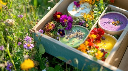 Bohemian breakfast box with smoothie bowls, chia pudding, and wildflowers, free-spirited style, soft boho colors, [breakfast box], [bohemian vibes]