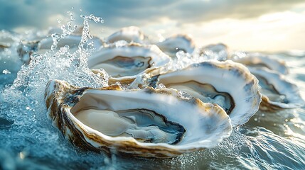 many oysters with wavy splashes of water is photographed as a water splash blows over the oyster, in the style of light beige and sky-blue,