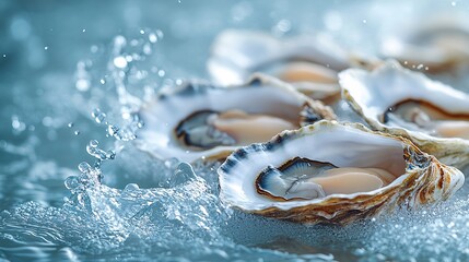 many oysters with wavy splashes of water is photographed as a water splash blows over the oyster, in the style of light beige and sky-blue,