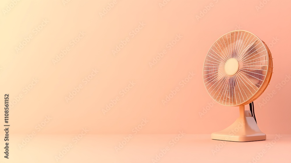 Poster a high-resolution image of an electric fan with a minimalist design, displayed on a plain, neutral b