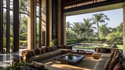 Fototapeta premium A contemporary living room with a sleek sofa, a central coffee table, and tall glass doors offering a garden view.