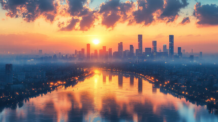 Naklejka premium City skyline with a river and glowing sunset reflection