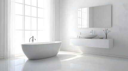Fototapeta premium A bright and modern bathroom featuring a freestanding tub, a floating vanity, and a frameless mirror.