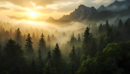 Obraz premium Majestic Sunrise Over Misty Forests: A Breathtaking Landscape of Trees and Mountains Illuminated by Golden Light