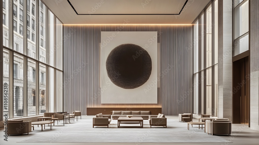 Poster a clean and simple entryway with high ceilings, a single piece of modern art, and soft lighting enha