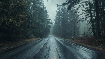 Serene and minimalistic scene of a road trip through tranquil forest pathways