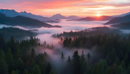 Fototapeta premium Majestic Sunrise Over Misty Forests: A Breathtaking Landscape of Trees and Mountains Illuminated by Golden Light