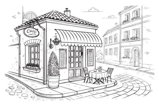 Cafe restaurant in old town Front shop with table and seat sketch hand dawn drawing vector illustration