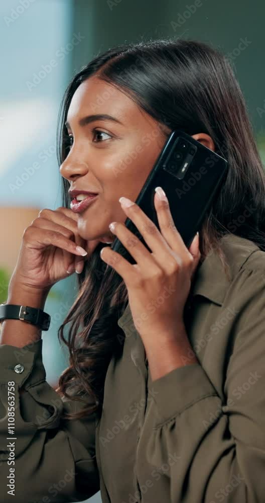Poster phone call, talk and creative woman in office for communication, networking or approval. business em