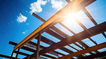 Steel Beams Forming Building Structure Under Sunny Sky