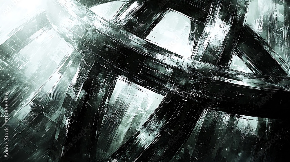 Poster dynamic and abstract arrangement of overlapping lines in monochromatic tones, capturing movement and