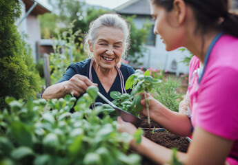 Two women, one elderly, tend to a garden. The elder smiles, enjoying the activity with the younger woman, likely a caregiver