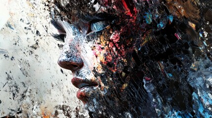 Fototapeta premium A striking abstract portrait of a woman, featuring textured paint and vibrant colors, showcasing modern expressionist art.