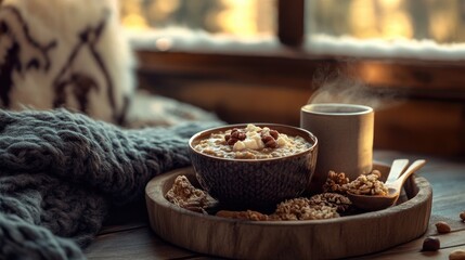 Fototapeta premium Cozy cabin breakfast box with hearty oatmeal, hot cocoa, and nuts, wooden textures, mountain retreat ambiance, [breakfast box], [cabin comfort]
