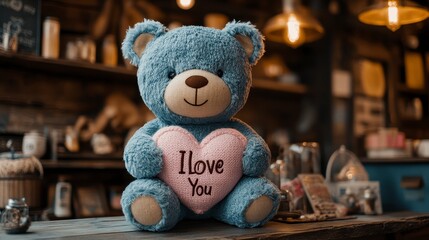 Cute blue teddy bear holding a heart in a cozy shop setting