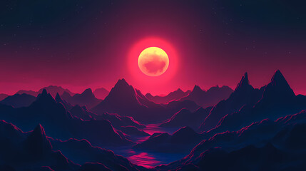 Mystical landscape with a glowing moon and dark mountains. Immortal. Illustration
