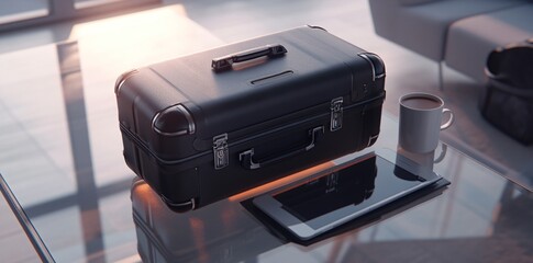 A sleek black suitcase rests on a table beside a tablet and a coffee mug, suggesting productivity.