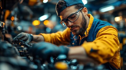 Focused mechanic repairing machinery in workshop