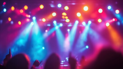 A vibrant concert scene with colorful stage lights illuminating a crowd, creating an energetic atmosphere.