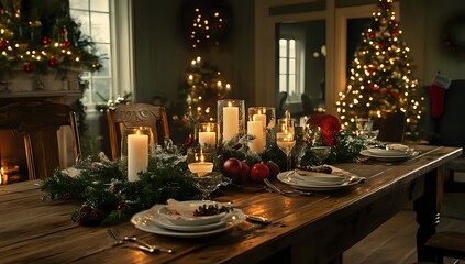 Rustic Christmas Eve Dinner Table Setting with Candlelight and Decorated Christmas Trees