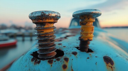 Close-up of rusty screws on a weathered surface at sunset