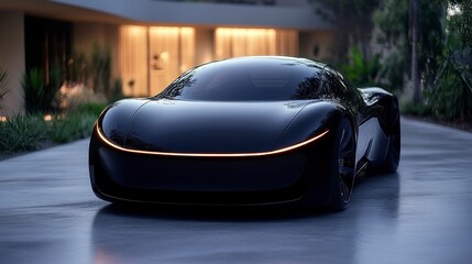 Naklejka premium Futuristic sleek black concept car parked in elegant modern setting