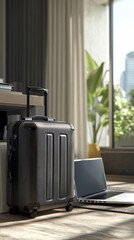 A sleek suitcase and a laptop are placed in a modern, sunlit room with greenery outside.