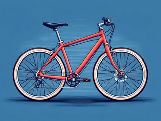 Fototapeta premium A vibrant red bicycle with a sleek design and white-walled tires, set against a soothing blue background, symbolizes a perfect blend of style and functionality.