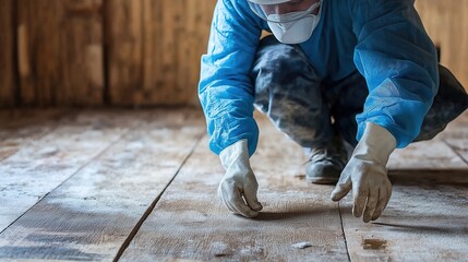 Professional pest control technician wearing protective gear inspecting wooden floor for termites. Home improvement, property management, pest control,house pests, termite control, pest identification