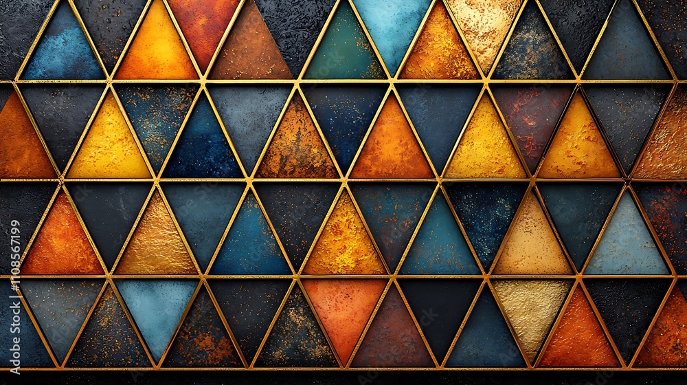 Poster abstract composition of sharp edged triangles organized in a geometric pattern with rich colors and 