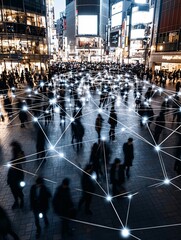 Obraz premium A bustling city square connected through glowing fiber optic systems, a representation of telecommunication efficiency