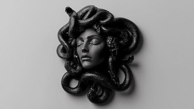 Imagination rendering in 3d black and white medusa greek gorgon mythology snakes zombies soft tones a mint background 3d illustration. Immortal. Illustration