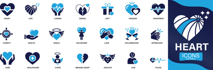  Heart icon set life, heartbeat, caring, passion, healthcare, emotional, like, charity, You can easily change the color.