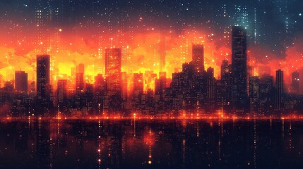 Fototapeta premium Vibrant city skyline at dusk with glowing lights and reflections
