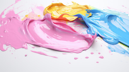 Colorful jars of face cream isolated on white background. Top view abstract background with pink white purple blue waves
