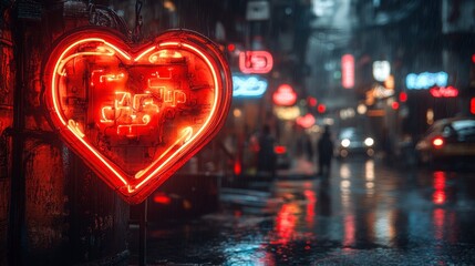 Glowing neon heart sign in rainy city street at night