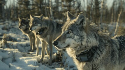 Obraz premium A solarpowered tracking collar attached to a pack of wolves helping researchers gather data on their movement patterns and behavior.