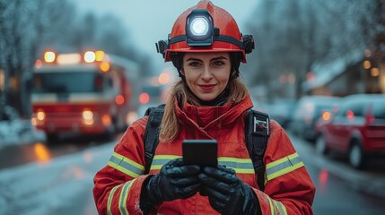 Firefighter checking phone during emergency response in snowy weather