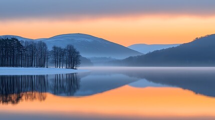 Obraz premium Serene Abstract Image Capturing Gentle Ripples on the Calm Surface of a Tranquil Lake During a Soft Dawn with Reflective Mountain Backdrop