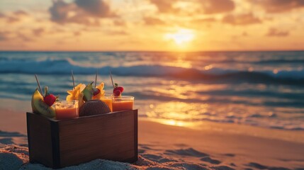 Sunrise breakfast box on the beach with tropical smoothies, fruit skewers, and coconut halves, golden hour light, ocean waves, [breakfast box], [beachside relaxation]